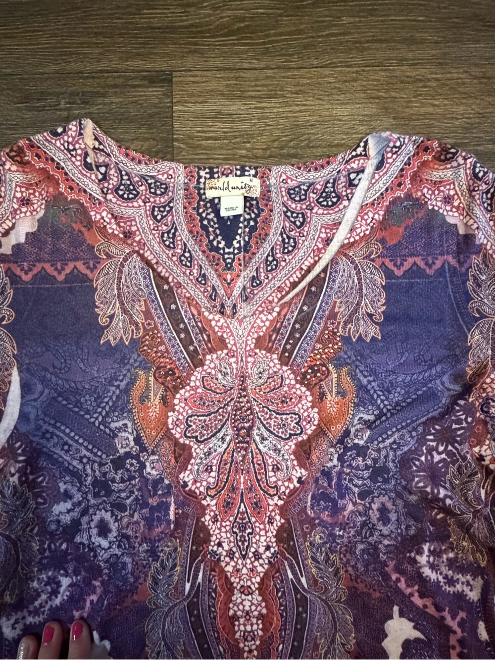 Women’s World Unity Purple Boho Hippie Paisley 3/4 Sleeve Shark Bit Hem Size M - Picture 3 of 8